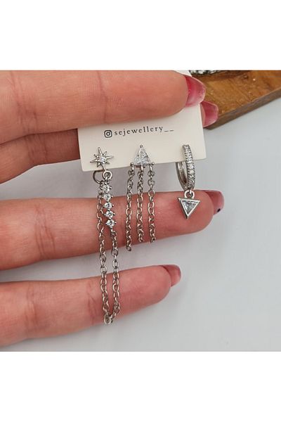 SE Jewellery Collection Selin Ersoy Silver Color Xuping Triple Chain Detailed Zircon Stone Stylish Women's Earring Set