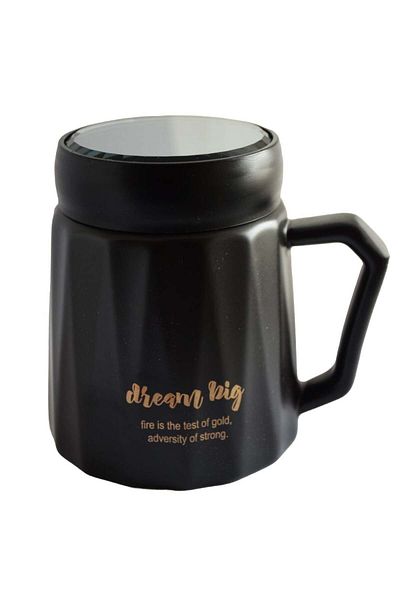 PUFO Cană ceramică Inspire cu capac pentru cafea sau ceai, 350 ml, neagră