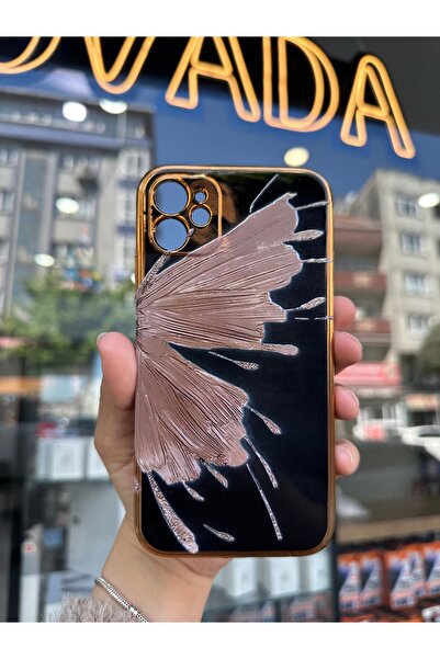 OVADA iPhone 11 Uyumlu Kamera Korumalı Gold Kenarlı Kelebek Kanadı Baskılı Silikon Kılıf