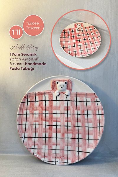 Anadolu Saray 1'Li 19cm Ceramic Plaid Design Lying Bear Shaped Handmade Pastry Plate Dessert Breakfast Pastry Plate