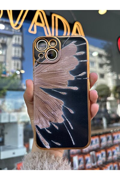 OVADA iPhone 13/14 Uyumlu Kamera Korumalı Gold Kenarlı Kelebek Kanadı Baskılı Silikon Kılıf