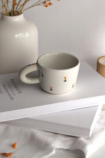 YUUGI CERAMIC كوب سيراميك بنمط زهرة التوليب البرتقالية - مقبض سميك، كوب زجاجي سعة 180 مل