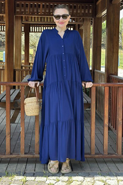 AYASOFYA OTANTIK Ženska tamnoplava haljina sa dugmadima i ovratnikom Oversize...