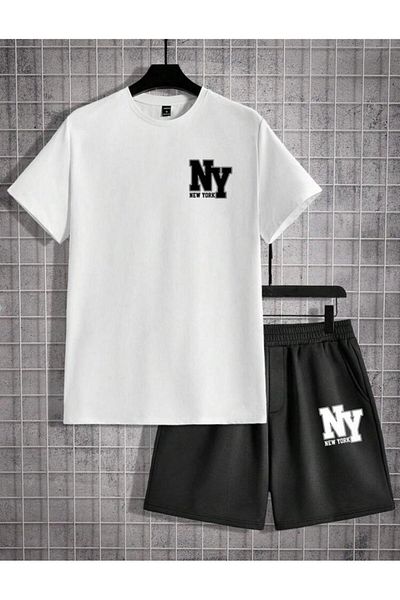 khufu Oversize Crew Neck Bottom Top T-Shirt Shorts Ny New York Printed Double Set