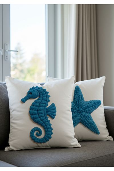 Sakallı Model de broderie cu perforare, imprimat digital, husă de pernă cu 2 bucăți, cal de mare și stea de mare