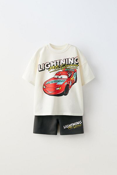 Magu Boys Cotton Cream Lightning Mcqueen Printed T-Shirt and Black Shorts Set
