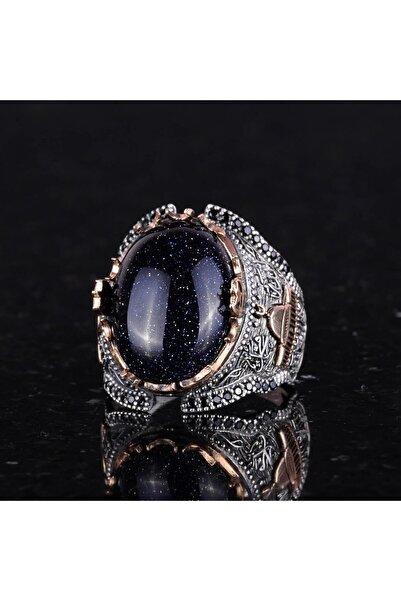 KAMBO 925 Ayar Gümüş Erkek Islami Mescidi Aksa Yüzük, Mavi Güneş Taşı Yapay T...