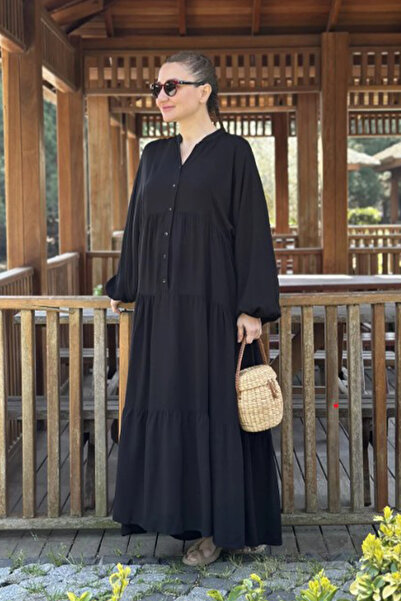 AYASOFYA OTANTIK Women's Black Buttoned Placket Collar Oversize Loose Balloon Sleeve Long Dress