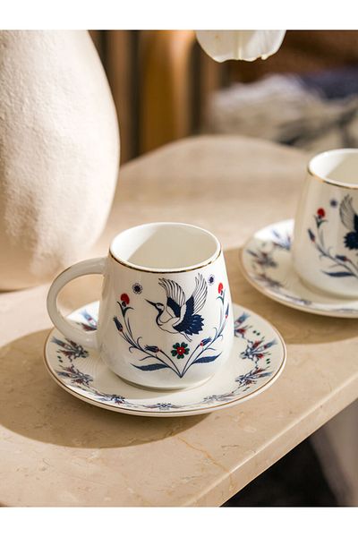 LC Waikiki Blue Bird Printed Mother's Day Themed Porcelain Coffee Cup Set for 2 People 90 ml