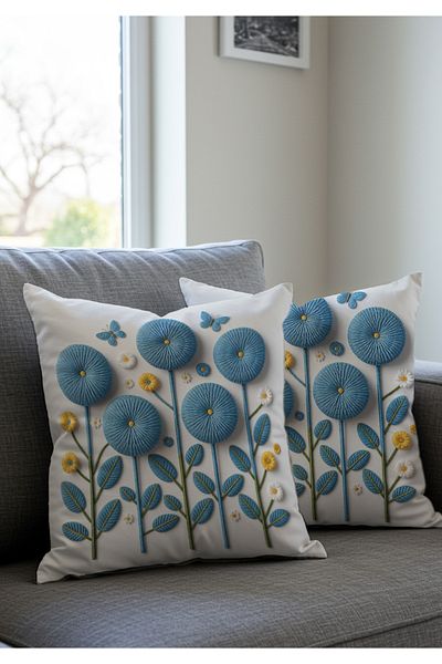 Artvibe Punch Embroidery Pattern Digital Printed Blue White Summer Themed Floral 2-Piece Throw Pillow Cover