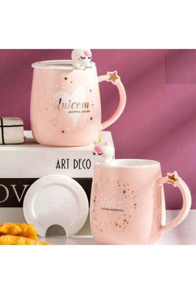 PUFO Beautiful Stars ceramic mug with lid and spoon for coffee or tea, 450 ml, pink