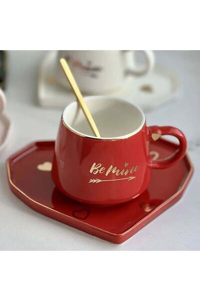 PUFO Ceramic mug with heart-shaped saucer and Be Mine teaspoon for coffee or tea, 180 ml, red