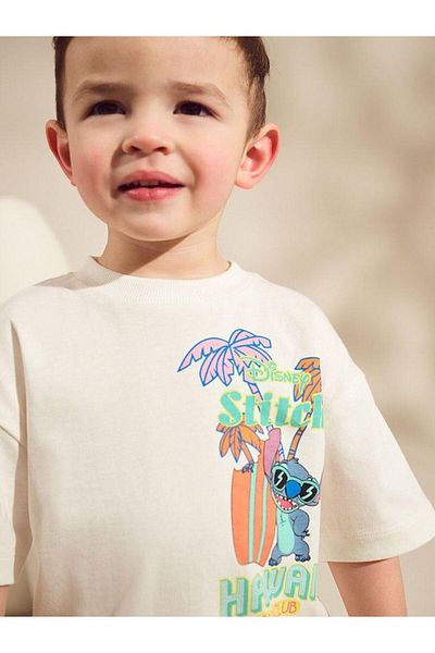 Magu Σετ μπλουζάκι με στάμπα Disney Stitch από βαμβακερό λευκό και κίτρινο ριγέ σορτς