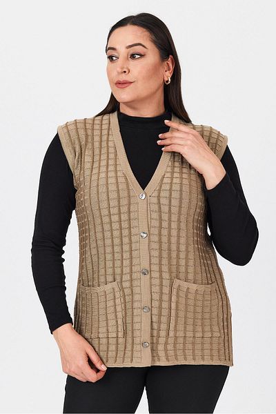 Uludağ Triko Women's Milky Coffee Silvery Striped Seasonal Mother Summer Vest with Buttons and Pockets