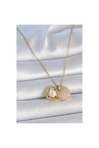 Skygo 316L Steel Gold Color Chain Zircon Stone Opening Pearl Heart Model Women's Necklace - Tj-Bko10031