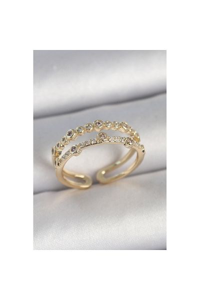 Skygo Brass Gold Color 2 Row Zircon Stone Adjustable Model Women's Ring - Tj-Byk3743