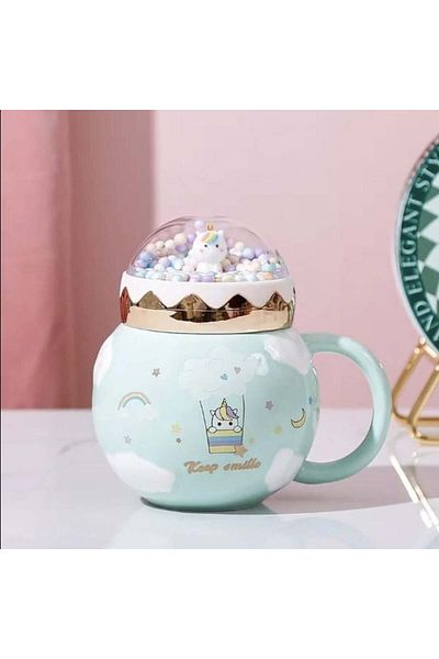 PUFO Unicorn World ceramic mug with lid for coffee or tea, 400 ml, green