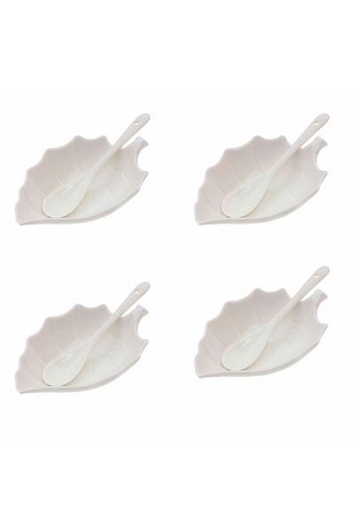 PUFO Set de 4 boluri din porțelan Pufo pentru aperitive, desert, farfurie, cu lingurițe, alb