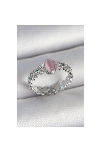 Skygo Brass Silver Color Zircon Stone Detailed Pink Enameled Drop Model Adjustable Women's Ring - Tj-Byk3724