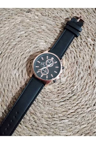 Brality Men's Wrist Watch ... (Stitched) Black Leather Cord... Rose Color Case- 6064