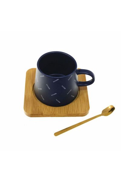 PUFO Cană ceramică cu suport din lemn și linguriță Pufo Future pentru cafea sau ceai, 220 ml, albastră