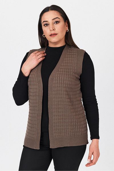Uludağ Triko Women's Brown Square Patterned V-Neck Seasonal Knitwear Summer Mother Vest