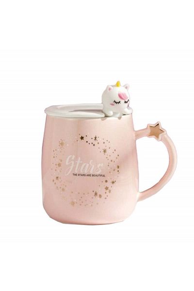 PUFO Cană ceramică Beautiful Stars cu capac și linguriță pentru cafea sau ceai, 450 ml, roz