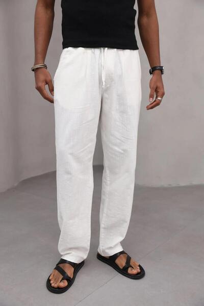 Trendiz Men's Premium Relaxed Fit 100% Cotton Lace-Up Men's Trousers White