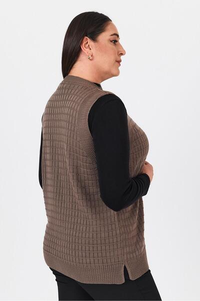 Uludağ Triko Kadın Kahverengi Kare Desenli V Yaka Mevsimlik Triko Yazlık Anne Yelek