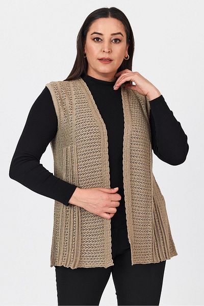 Uludağ Triko Women's Sand Openwork Embroidered Seasonal Knitwear Mother's Summer Vest