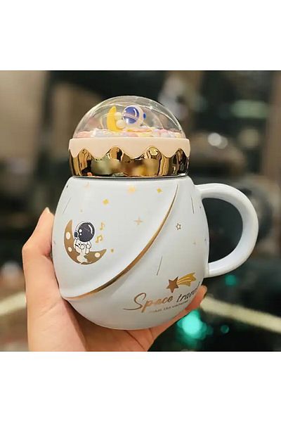 PUFO Travel the Space ceramic teapot mug with lid for coffee or tea, 500 ml, white