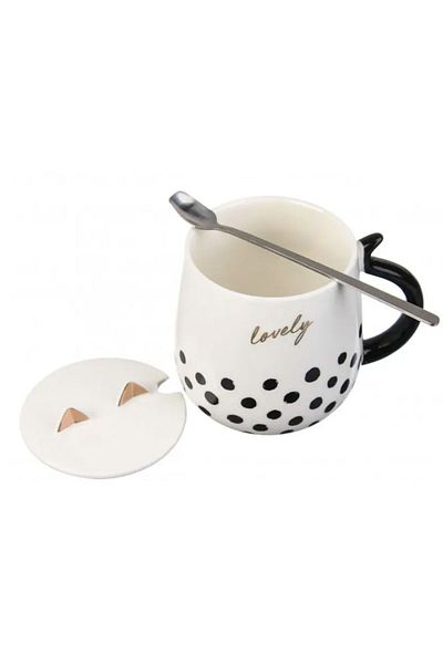 PUFO Cană ceramică cu capac și linguriță Pufo Lovely pentru cafea sau ceai, 450 ml, albă