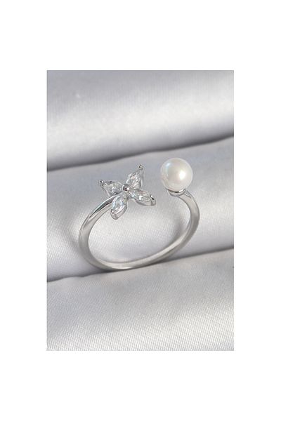 Skygo Brass Silver Color Zircon Stone Flower Model Pearl Detail Adjustable Women's Ring - Tj-Byk3726