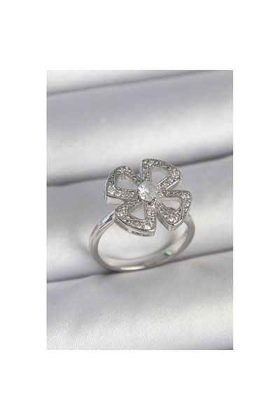 Skygo Brass Silver Color Zircon Stone Clover Model Adjustable Women's Ring - Tj-Byk3718