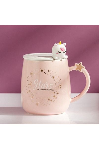 PUFO Cană ceramică Beautiful Stars cu capac și linguriță pentru cafea sau ceai, 450 ml, roz