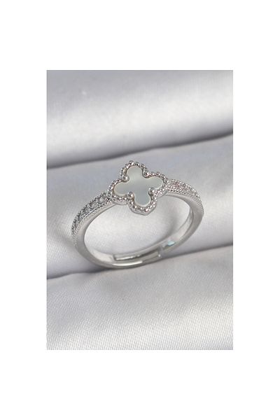 Skygo Brass Silver Color Zircon Stone White Enamel Clover Model Adjustable Women's Ring - Tj-Byk3736