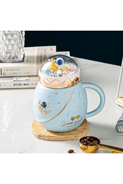 PUFO Travel the Space ceramic teapot mug with lid for coffee or tea, 500 ml, blue