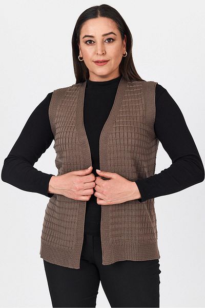 Uludağ Triko Women's Brown Square Patterned V-Neck Seasonal Knitwear Summer Mother Vest
