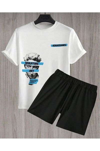 khufu Oversize Crew Neck Bottom Top T-Shirt Shorts Art Printed Double Suit Unisex