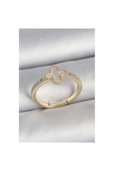 Skygo Brass Gold Color Zircon Stone White Enamel Clover Model Adjustable Women's Ring - Tj-Byk3737