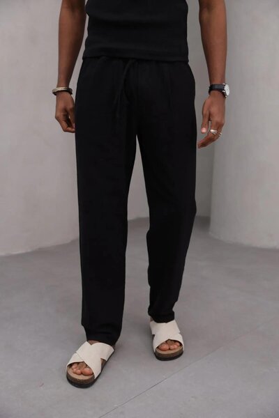 Trendiz Men's Premium Relaxed Fit 100% Cotton Lace-Up Men's Trousers Black