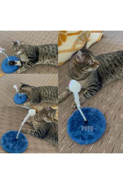 PUFO interactive toy with stand, spring and white mouse for cats, blue