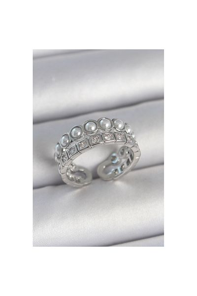 Skygo Brass Silver Color 2 Row Adjustable Women's Ring with Zircon Stone and Pearl - Tj-Byk3720