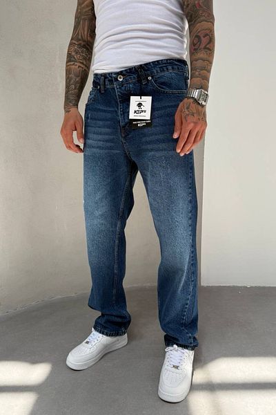 MADZEYMODA Μπλε φαρδύ τζιν ύφασμα με σκισίματα Λεπτομερή ανδρικά τζιν παντελόνια KE-792