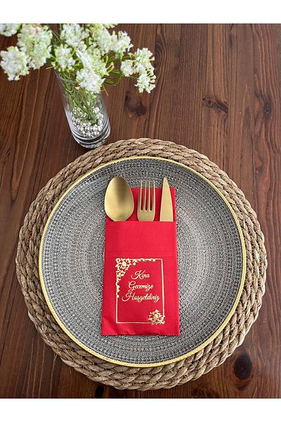 kidspartim Gold Gilded Red Frame Detailed Henna Welcome to Our Night Kangaroo Napkin with Pocket 12 Pieces