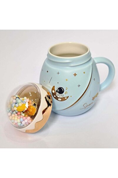 PUFO Travel the Space ceramic teapot mug with lid for coffee or tea, 500 ml, blue