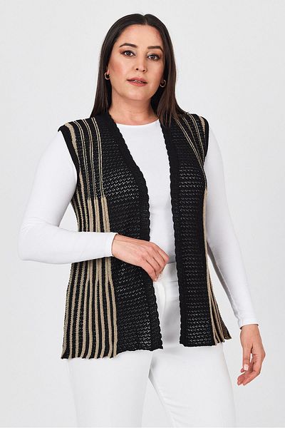 Uludağ Triko Women's Black Double Color Openwork Embroidered Seasonal Knitwear Mother Summer Vest