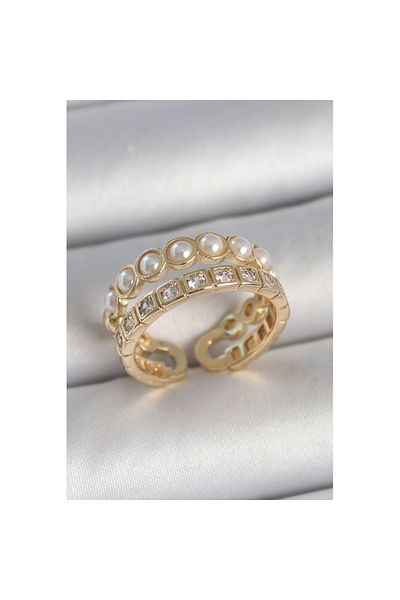 Skygo Brass Gold Color Adjustable Women's Ring with 2 Zircon Stones and Pearls - Tj-Byk3721