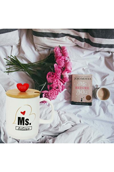 PUFO Cană ceramică Ms Believe cu capac din bambus, pentru cafea sau ceai, 340 ml, albă