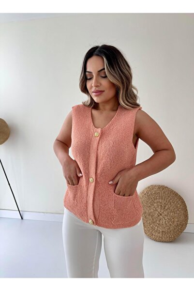 SEDA FİDAN BOUTIQUE Gold Düğmeli Triko Yelek Somon